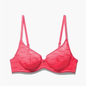 Savage X Fenty FLOCKED LOGO UNLINED BRA Pink Smash Size 38C Underwire Sheer NWT